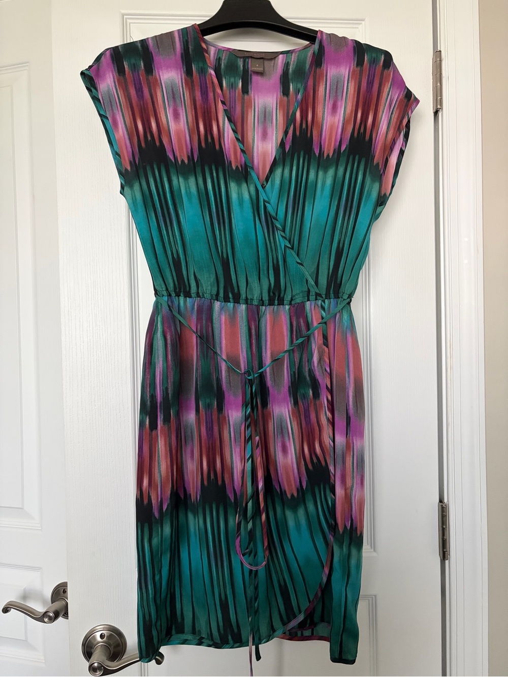 Fynn & Rose‎ Anthropologie Teal Pink Ikat Faux-Wrap Dress Size 4 Boho